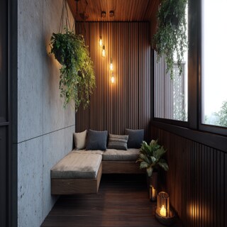 Modern Balcony Design with Wooden Panel Groove Wall Feature